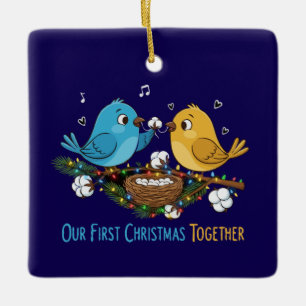 Our First Christmas Together Cute Lovebirds Ceramic Ornament