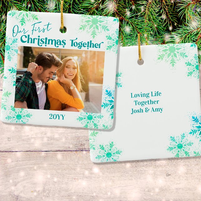 Our First Christmas Together Photo Green Snowflake Ceramic Ornament (Creator Uploaded)
