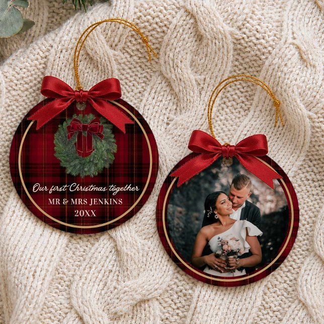 Our First Christmas Together Plaid Photo Ceramic Tree Decoration (Red Plaid Our first Christmas together Newlyweds first Christmas photo ornament)