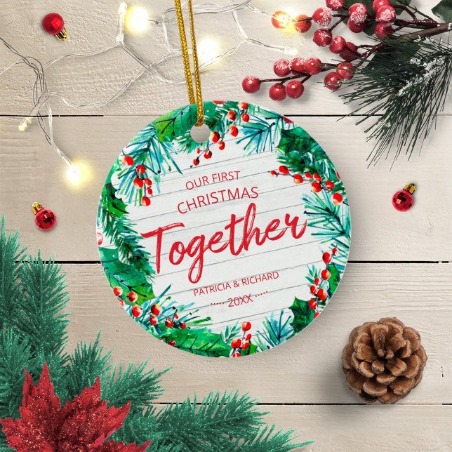 Our First Christmas Together Rustic Wreath Couple Ceramic Tree Decoration (Creator Uploaded)