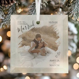 Our First Christmas Together Wedding Photo Glass Tree Decoration