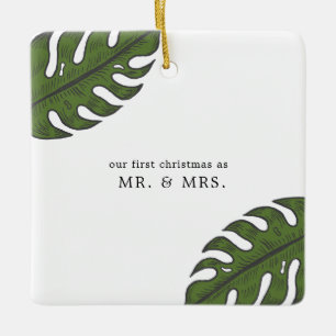 Our First Christmas Tropical Leaves Newlywed Photo Ceramic Ornament