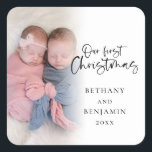 Our First Christmas Twin Baby Name Year Photo Square Sticker<br><div class="desc">Our First Christmas Twin Baby Names Year Photo Overlay Celebrate your twin’s first Christmas along with your festive mailings. A stylish set script for Our  First Christmas and the rest of the text is easy to personalise. Replace the sample photo with your own.</div>