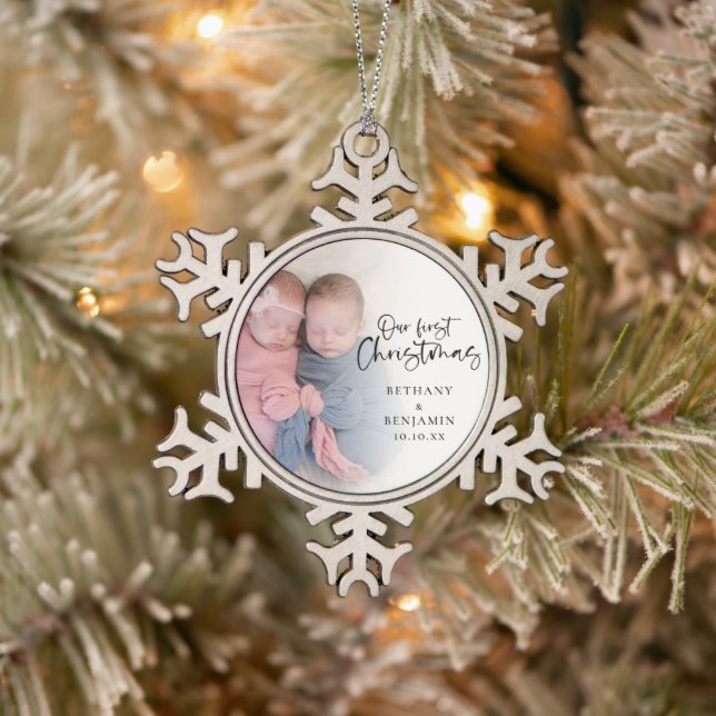 Our First Christmas Twin Baby Photo Name Year Snowflake Pewter Christmas Ornament (Tree)