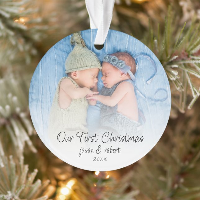 Our First Christmas Twins Names Photo Overlay Ornament (Tree)