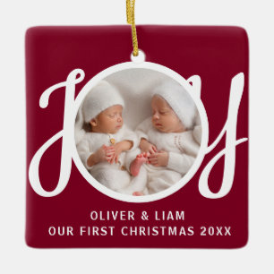 Our First Christmas Twins Photo Deep Red Keepsake Ceramic Ornament