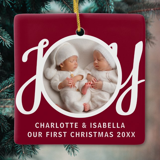 Our First Christmas Twins Photo Deep Red Keepsake Ceramic Ornament (Creator Uploaded)