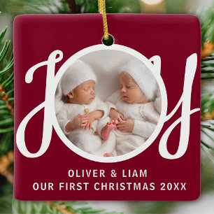Our First Christmas Twins Photo Deep Red Keepsake Ceramic Ornament