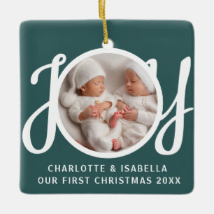 Our First Christmas Twins Photo Green Keepsake Ceramic Ornament