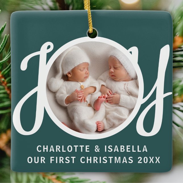 Our First Christmas Twins Photo Green Keepsake Ceramic Ornament (Creator Uploaded)
