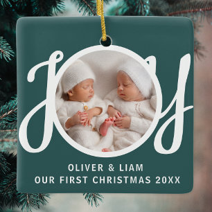 Our First Christmas Twins Photo Green Keepsake Ceramic Ornament