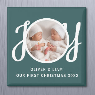 Our First Christmas Twins Photo Green Keepsake Magnet