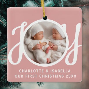 Our First Christmas Twins Photo Joy Pink Ceramic Ornament