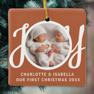 Our First Christmas Twins Photo Joy Terracotta Ceramic Ornament