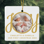 Our First Christmas Twins Photo Keepsake<br><div class="desc">This cute Twins' First Christmas Photo Ornament is decorated with the word JOY in gold,  stylish script typography on a white background.
Easily customisable with your photo,  names,  and year.</div>