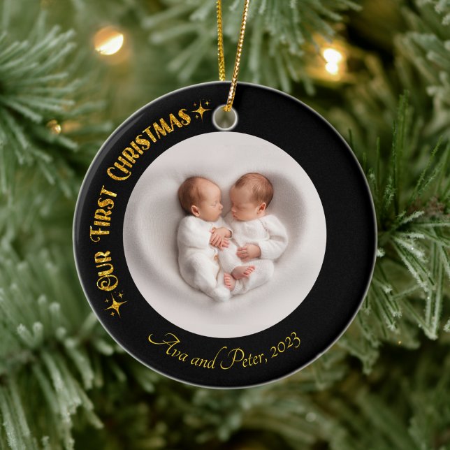 Our First Christmas Twins Photo Name Custom Golden Ceramic Tree Decoration (Creator Uploaded)