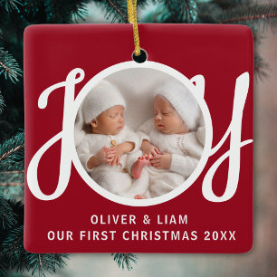 Our First Christmas Twins Photo Red Keepsake Ceramic Ornament