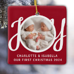 Our First Christmas Twins Photo Red Keepsake Ceramic Ornament<br><div class="desc">This cute Twins First Christmas Photo Ornament is decorated with the word JOY in stylish script typography on a red background.
Easily customisable with your photo,  names,  and year.</div>