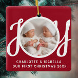 Our First Christmas Twins Photo Red Keepsake Ceramic Ornament<br><div class="desc">This cute Twins First Christmas Photo Ornament is decorated with the word JOY in stylish script typography on a red background.
Easily customisable with your photo,  names,  and year.</div>