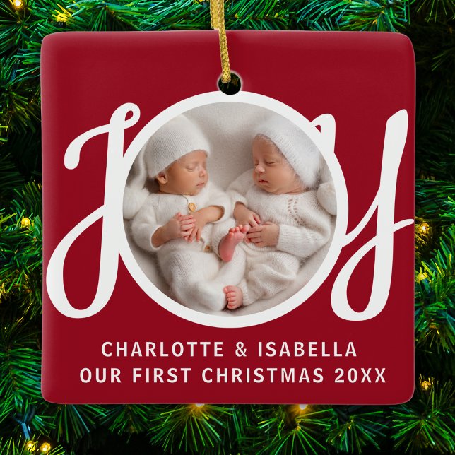 Our First Christmas Twins Photo Red Keepsake Ceramic Ornament (Creator Uploaded)