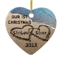 Our First Christmas Two Hearts In Sand Ornament