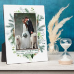 Our First Christmas Watercolor Greenery Pine Photo Plaque<br><div class="desc">Elegant Watercolor Greenery Pines Our First Christmas Newlywed Wedding Photo Plaque - Green Text</div>
