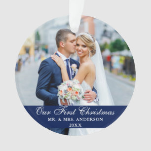 Our First Christmas Wedding Photo Blue Ornament