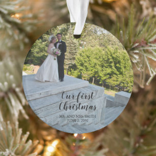 Our First Christmas Wedding Photo Elegant Script Ornament