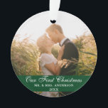 Our First Christmas Wedding Photo Green Ornament<br><div class="desc">Our First Christmas Wedding Photo Green Ornament with Snowflakes back.</div>