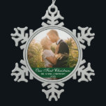 Our First Christmas Wedding Photo Green Snowflake Pewter Christmas Ornament<br><div class="desc">Our First Christmas Wedding Photo Green Snowflake Pewter Christmas Ornament</div>