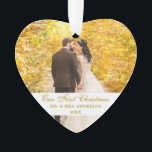 Our First Christmas Wedding Photo Heart Ornament<br><div class="desc">Elegant Our First Christmas Wedding Photo Gold Script Heart Ornament</div>