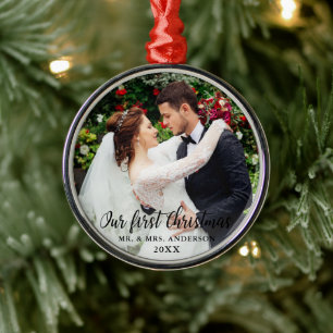 Our First Christmas Wedding Photo Metal Tree Decoration