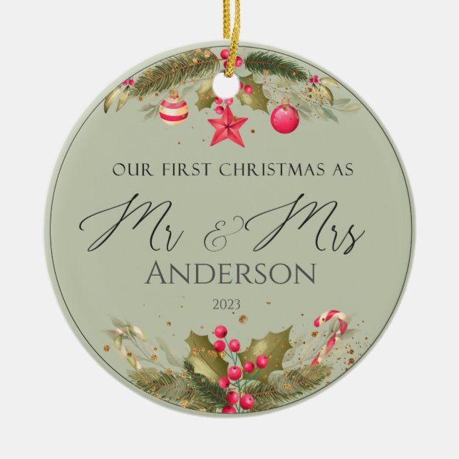 Our First Christmas Wedding Photo Mr Mrs Ceramic Tree Decoration (Front)