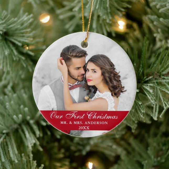 Our First Christmas Wedding Photo Red Ceramic Tree Decoration (Tree)