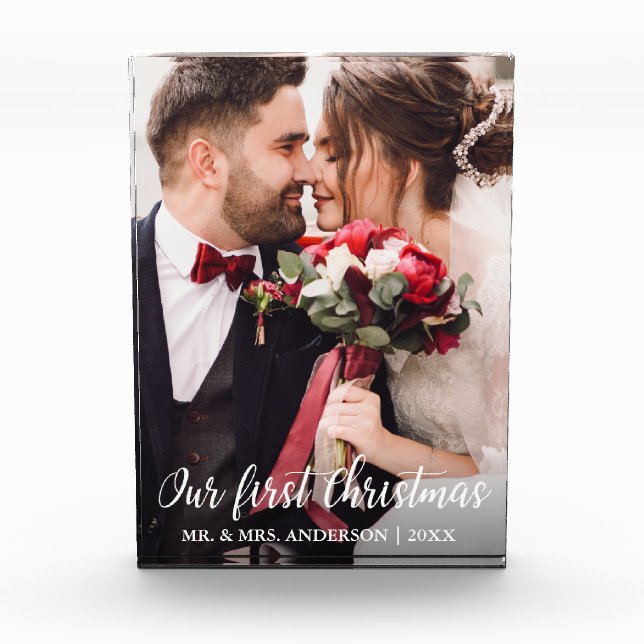 Our First Christmas Wedding Photo White Script Block (Front)