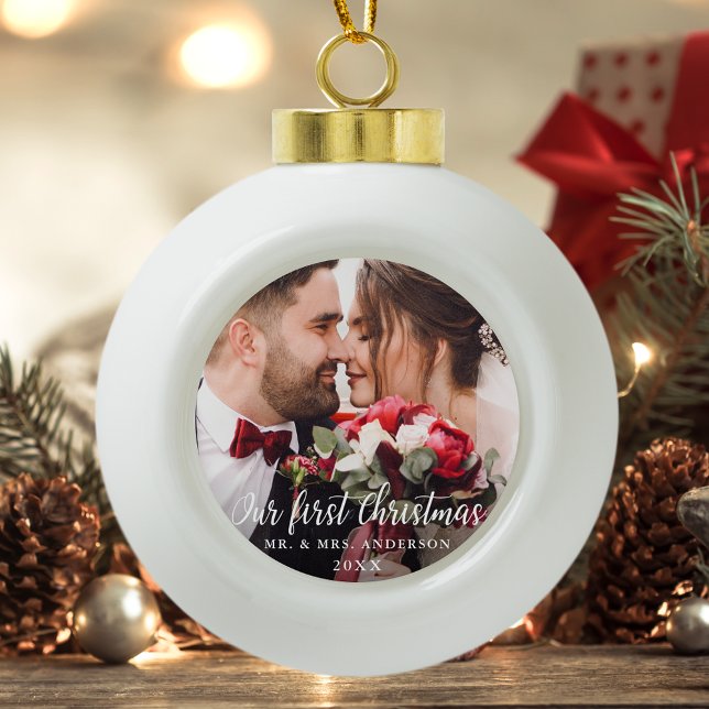 Our First Christmas Wedding Photo White Script Ceramic Ball Christmas Ornament (Customize to change your personalized text size or style.)