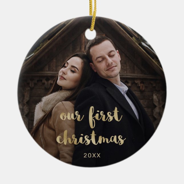 Our First Christmas | Wedding Photos Gold Script Ceramic Tree Decoration (Front)