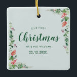our first christmas winter floral ceramic ornament<br><div class="desc">lovely berry and greenery christmas floral design. The text and colours and image at the back can be personalised.</div>