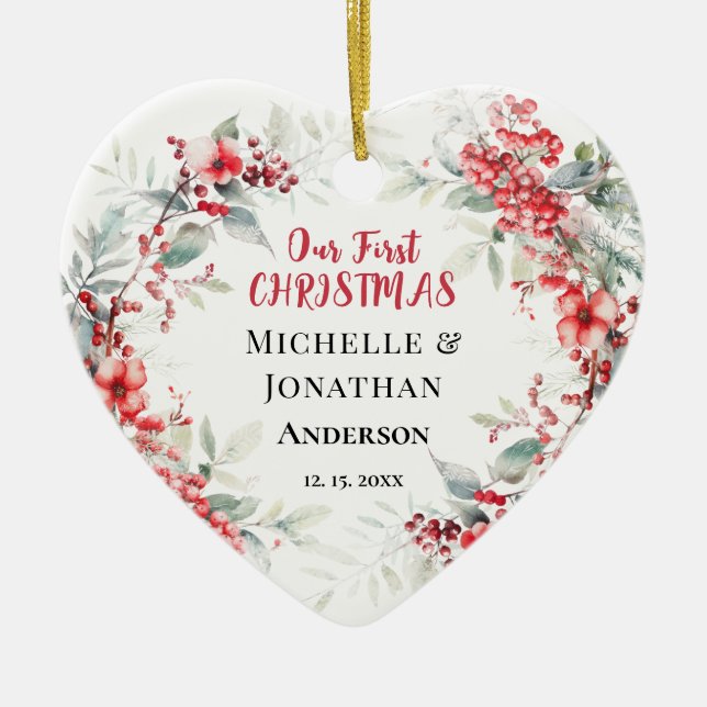 Our First CHRISTMAS Winter Floral Heart  Ceramic Tree Decoration (Front)