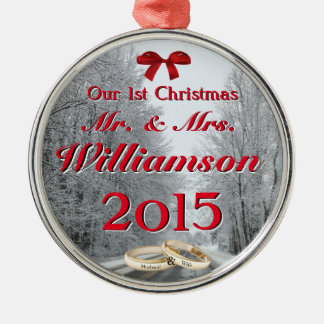 Our First Christmas Winter Road w/ rings Mr & Mrs Metal Tree Decoration