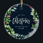 our first christmas winter wreath ceramic tree decoration<br><div class="desc">christmas wreath with a blue background and white script text. The text and colours and image at the back can be personalised.</div>