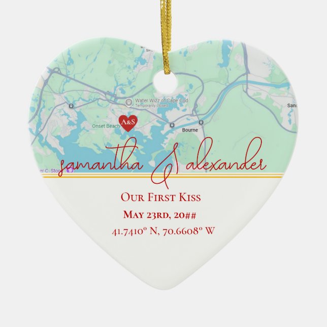 Our First Date Personalised Map Couples Keepsake Ceramic Tree Decoration (Front)