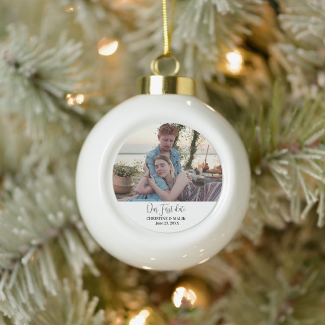 Our first date  Photo Couple christmas Ceramic Ball Christmas Ornament (Tree)