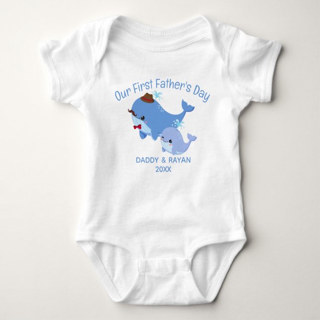 Our First Father's Day Baby Blue Whale,custom name Baby Bodysuit (Front)