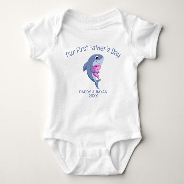 Our First Father's Day, Baby Shark custom name  Baby Bodysuit (Front)
