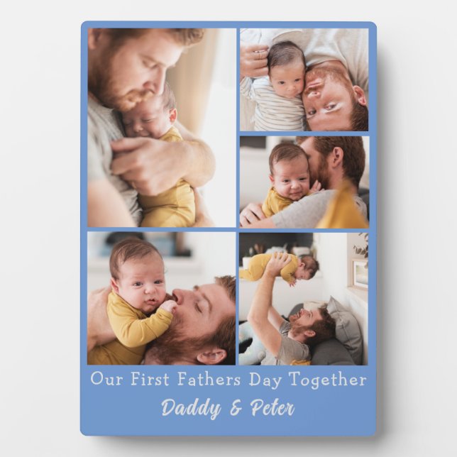 Our First Fathers day blue photo collage Plaque (Front)