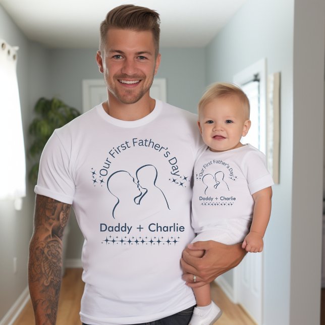 Our First Father's Day, Father holding up baby T-Shirt (Father and baby matching t-shirts for father's day.)