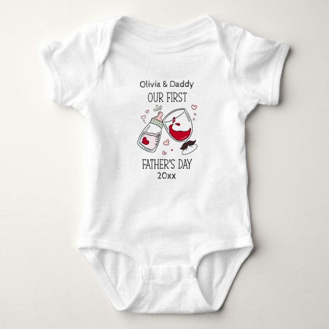 Our First Father's day Funny Cheers Baby Girl Bodysuit (Front)