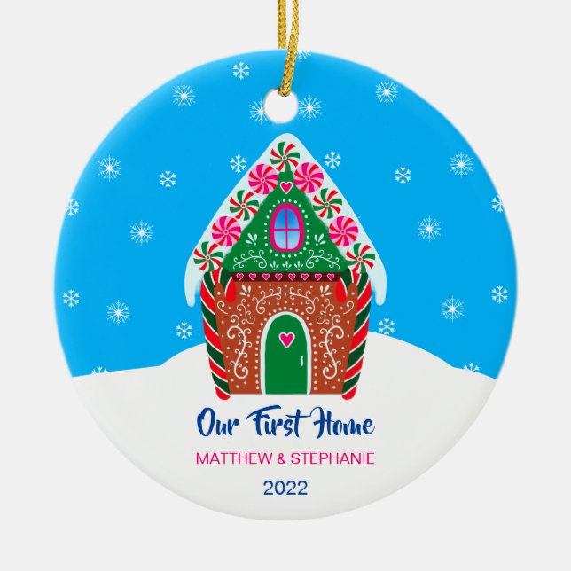 Our First Home Christmas Gingerbread House Blue Ceramic Tree Decoration (Front)