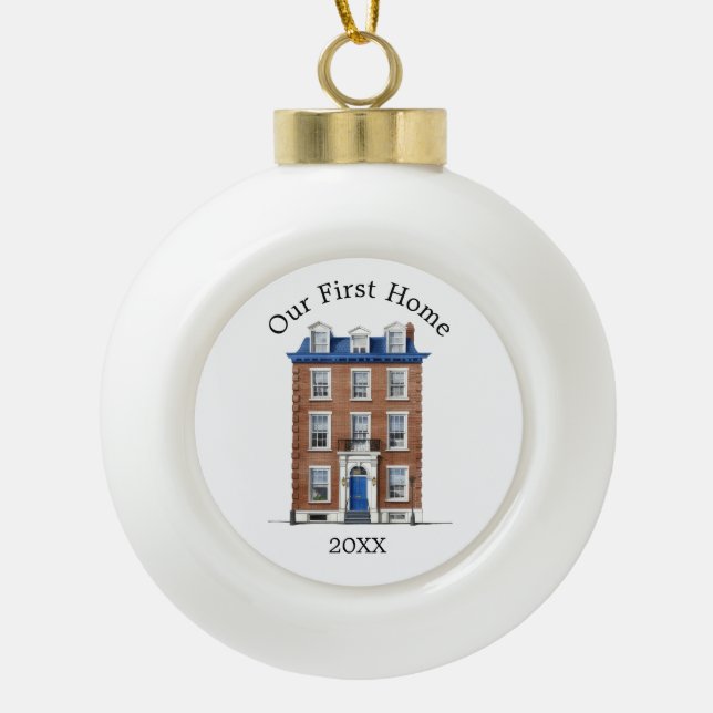 Our First Home Colonial Brick Townhouse Blue Door Ceramic Ball Christmas Ornament (Front)
